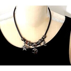 Chico's Bronze Tone Celestial Charms Necklace Black Cord Star Moon 14"